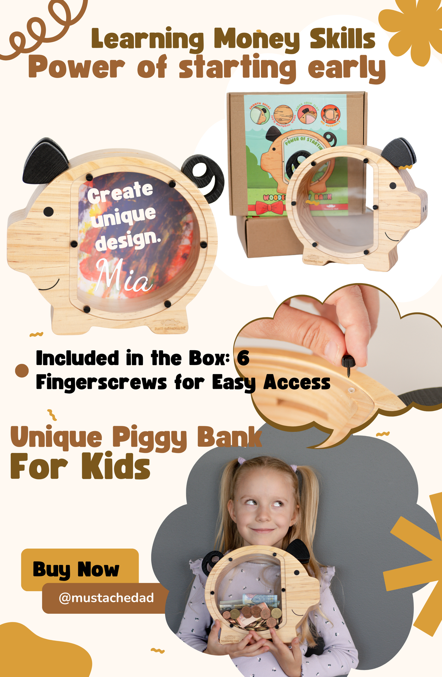 Wooden Piggy Bank with 6 extra finger screw for easy opening